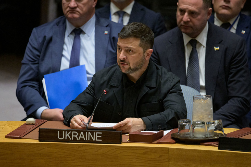 President Volodymyr Zelenskyy addresses the UN Security Council meeting on maintaining peace and security in Ukraine.